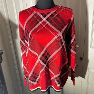 Charter Club Vibrant Red Plaid Crew Neck Sweater